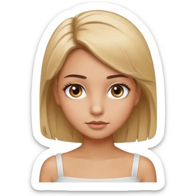 A girl with dirty blonde hair and hazel round eyes. Long eyelashes and brown eyebrows. She is a little tan and wears a white tube top sticker