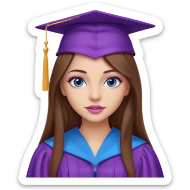 pretty girl with beautiful extremely long brown hair, blue eyes, long lashes makeup, sexy pink lips, wearing a purple and light pink graduation cap and gown sticker