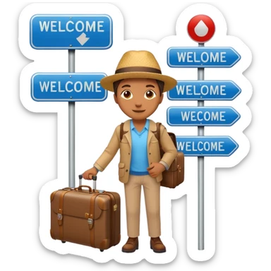 a traveler with a suitcase beside a city welcome sign, friendly and vibrant emoji style sticker