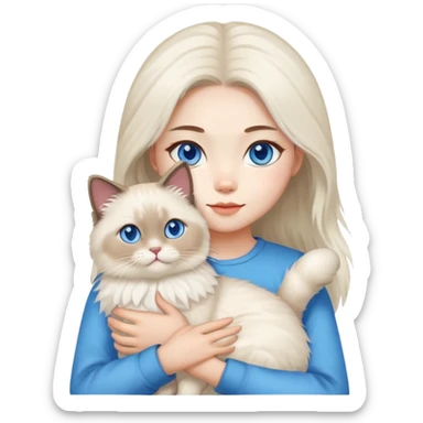 Asian girl holding a fluffy ragdoll cat with blue eyes and colorpoint fur sticker