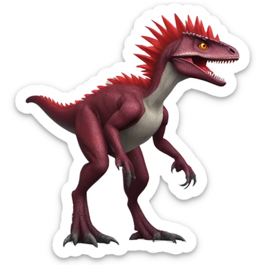 Cool edgy sexy Maroon-colored velociraptor with bright-red spiky mane full body sticker