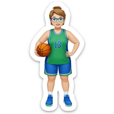 Full Body plus size white female basketball player with short light brown hair with carm highlights spike hair wearing blue glasses  wearing blue green uniform  green sneakers smiling l sticker
