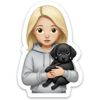 Blonde girl with smooth hair and a center part, light skin with freckles, wearing a hoodie and carrying a black baby labrador puppy in her arms sticker