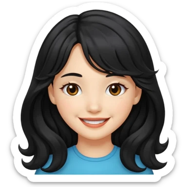 Please generate a portrait of a pretty girl with long, wavy, black hair. She's smiling. She also wears a middle parting and bangs. sticker