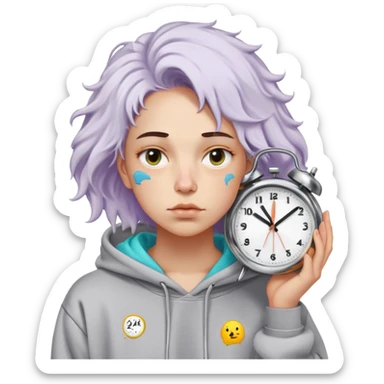 Gender: Non-binary Hair: Bedhead waves with post-nap crease on cheek Face: Blank thousand-yard stare Clothes: Wrinkled company-logo hoodie (3 sizes too big) Action: Holding "24/7" neon sign with melting clock sticker