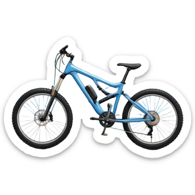 An icon featuring a mountain bike parked at the summit of a mountain, overlooking a vast mountain range and winding trail below. The backdrop includes rugged peaks, rolling hills, and a clear blue sky, with the sun casting warm light on the scene. Transparent background emphasizes the adventure. sticker