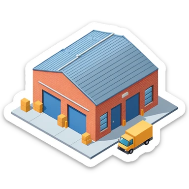 Single story warehouse building in isometric view with loading dock and roll-up door sticker