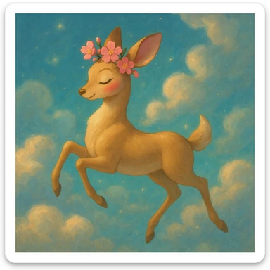 Enhance this feminine adult vanilla cloud doe with rosy cheeks and cherry flowers, floating gracefully in a dreamy Ghibli-Pixar style. Make the colors even more vibrant, the lines even softer, and the cherry flowers extra detailed. Add a magical, sparkling glow and elegant highlights, keeping the look whimsical, refined, and enchanting. sticker