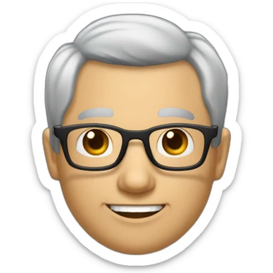 an man with a small amount of grey hair cut short, and a very receding hairline, and a tuft of hair on the top. He is wearing glasses, the glasses frames are black and he is smiling sticker