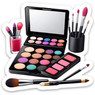 icon featuring professional makeup brushes, a high-quality lipstick, a big sleek eyeshadow palette, a makeup sponge and a set of tools like tweezers and eyeliner pencil. The design highlights the precision and artistry of makeup with detailed textures and realistic lighting. Transparent background. sticker