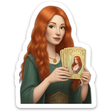 redhead white woman medium long straight hair, holding a tarot card in her hand sticker