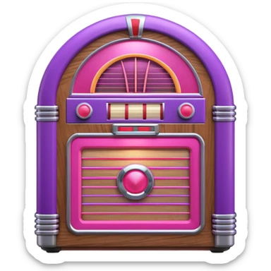3D render of Jukebox, vintage 1980s audio equipment aesthetic, tactile analog buttons, neon pink and purple light tubes with chrome trim, mixed wood grain and brushed aluminum textures, Apple emoji style, isolated on white background --v 6.0 sticker