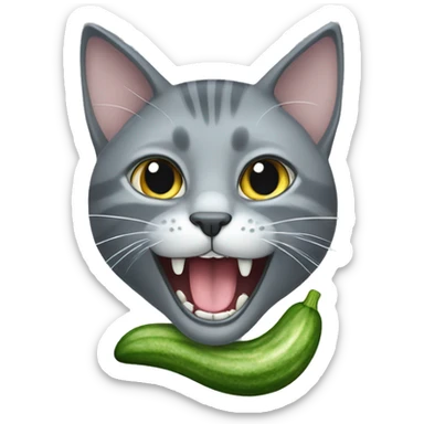 A grey cat with a cucumber in its teeth sticker