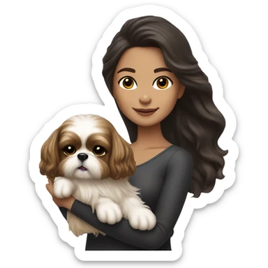 Young dark brunette medium kin hair woman with a golden shih tzu in her arms long wavy hair sticker