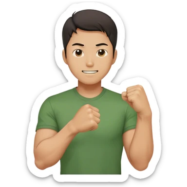 A determined Korean man in a green shirt, clenching his fist with a confident & smile expression. Emoji-style digital illustration sticker