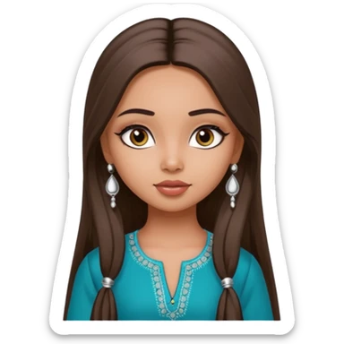 generate a pretty bratz girl wearing a kurti, eyeliner on, long straight hair, silver jhumkas in ear sticker