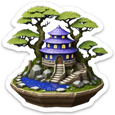  Ancient saucer-castle-house jungle winding trail mountainside getaway haunted nighttime landscape antique mudman very old broken cracked intricately detailed Stone Age lapis-crusted irregular dodecagon-shaped shallow dark moss rough bark violet flowered maple bonsai Saikei pot sticker