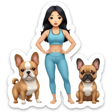 latin woman in a yoga outfit with long black hair standing alongside two French bulldogs  sticker