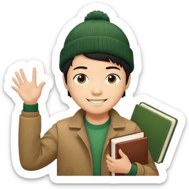 asian, tan skin, non binary asian man with pixie cut black hair, wearing brown jacket and dark green beanie, smiling , holding up books  sticker