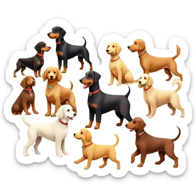 Collage of various dog breeds like Doberman, Poodle, Dachshund, and Golden Retriever, playing in a park with trees and grass. Some dogs run, others sit, all are full of energy and happiness. A joyful, colorful scene with playful expressions. Transparent background. sticker