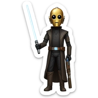 tough well-equipped jedi first order human-sized darkblue-pearl C3po as a friendly bounty hunter droid wearing a leather attire old west duster coat holding light saber ready  sticker