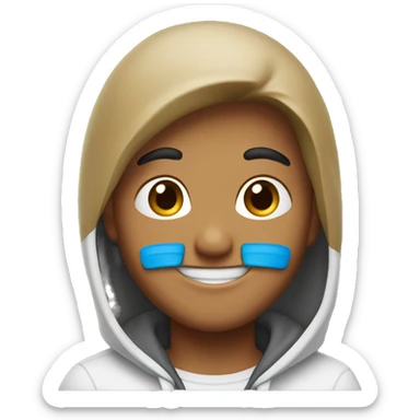 a young emoji with a friendly smile, half-body view, showing hair, wearing a hoodie with a cross logo. Lightly tanned skin sticker