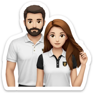 Criar Casal - Homem branco de cabelo liso e olhos marrom, com barba, expressão séria usando camiseta polo preta e mulher de pele branca cabelo cacheado marrom longo e olhos mel, usando uma regata branca, quero ela sorrindo sticker