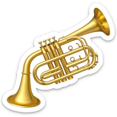 Create a sleek and polished emoji representing the Brahner trumpet. The design should feature the shiny brass body of the trumpet, with its distinct bell shape and coiled tubing. Highlight the three smooth, finger-operated valves, and the mouthpiece at the top of the instrument. The finish of the trumpet should be a rich, golden brass tone with subtle reflections, giving it a polished and professional appearance. Add musical notes or soundwaves around the bell of the trumpet to evoke its bold and brassy sound. Use golden, brass, and silver tones to emphasize the vibrant, high-quality design of the trumpet. The background should be transparent. sticker