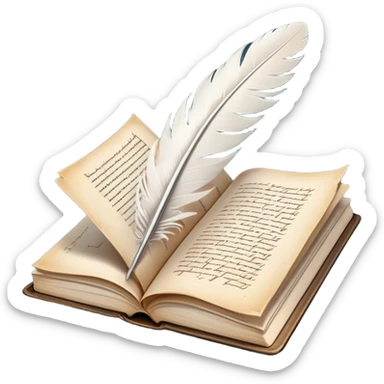 Create a poetic and elegant emoji representing poetry. The design should feature several, gracefully flying pages with short, poetic columns written on them. A white feather quill should be depicted writing on one of the pages, with ink flowing smoothly. The pages should have a soft, antique look, with subtle details to convey the delicate nature of poetry. Use soft, light colors with a romantic, airy feel. Make the background transparent. sticker