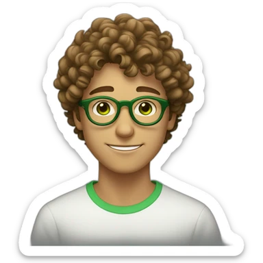 light tanned skin 19 year old guy with green eyes and curly brown hair and circular green glasses sticker