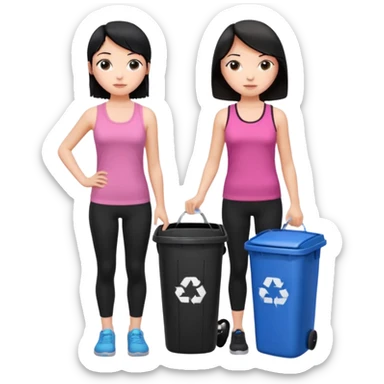 generate a genmoji of a black haired girl in a pink tank top and black leggings holding a black trash bag. Standing with her is a brunette girl in a similar blue tank top and black leggings.
Standing in front of a dustbin sticker