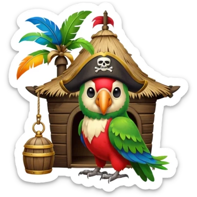 frontal view of an only Flying pirat parrot with a pirat hut. no other objects sticker