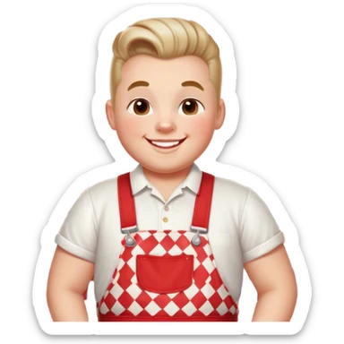 A cheerful, chubby boy with a retro 1950s diner aesthetic, wearing red-and-white checkered overalls and a white t-shirt. He has a playful, confident smile and a classic pompadour hairstyle sticker