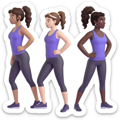 3 women exercising. The woman on the left has pale white skin and curly brown hair in a ponytail. The woman in the middle has black skin and curly black hair. The woman on the right has pale white skin and straight, brown hair in a ponytail. sticker