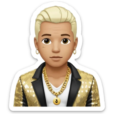 Sisqó with platinum blonde hair, black sequin jacket, shirtless with necklace sticker