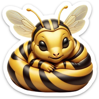Meme-Worthy Cute Sleeping Hornet Portrait Emoji, Head resting peacefully with a contented smile, showcasing a compact, striped body with softly closed wings and eyes gently closed in serene slumber, Simplified yet adorably endearing features, highly detailed, glowing with a soft, drowsy glow, high shine, relaxed and utterly lovable, stylized with an air of playful laziness, soft glowing outline, capturing the essence of a sleeping hornet that feels destined to become the next viral icon of adorable rest! sticker