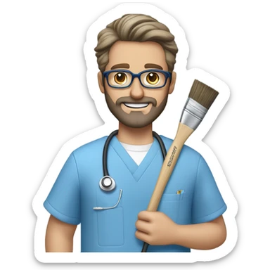 male dark blond haired doctor with grey van dyke beard with hazel eyes and small wire-rimmed glasses in blue scrubs holding a large paintbrush sticker