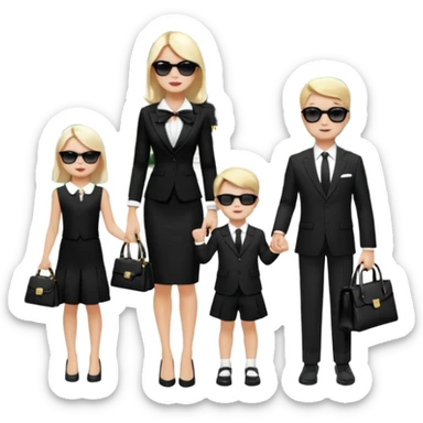 Create a scene of a rich family with Ravza Tulip in a black and white dress with a ribbon at the back holding a Birkin handbag, Justin James in a sharp business suit with sunglasses, standing with their happy children in front of their mansion, showing elegance, wealth, and sophistication. sticker