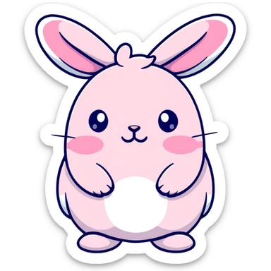 A fat bunny character in Sanrio style like Hello Kitty, large head with big round eyes, blushing cheeks, small mouth, minimal facial features, tiny spikes, pastel pink and blue colors, clean bold outlines, rounded shapes sticker