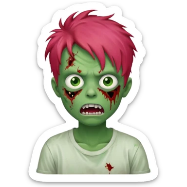 Boy, zombie, red messy hair, green skin, pink eyes, white t-shirt, open mouth with crooked teeth, tired expression. sticker