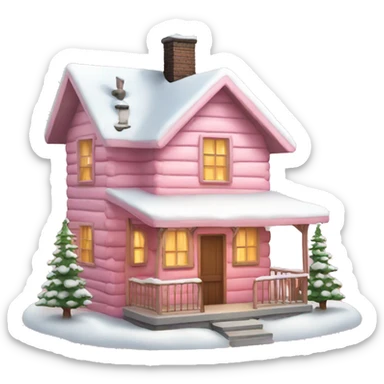light pink cabin with snow with lights with smoking chimney and pink christmas tree sticker