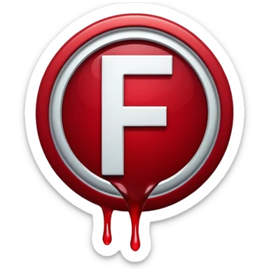 a white color letter F in surrounded with a circle deep red circle, the whole combination has a liquid texture to it and is giving the mackintosh vibes, the font was a bold modern one sticker