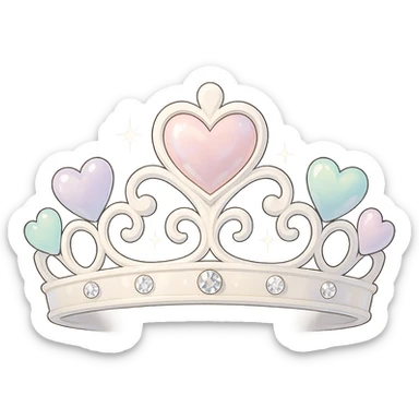 heart crown with a white base, hearts in pastel and pearl enamel, sparkling gems sticker
