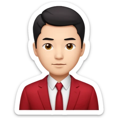 cool handsome Asian man emoji, short black hair styled with exposed forehead, natural slick hairstyle, sharp facial features, fair skin, confident eyes, subtle smirk, wearing dark red suit and white shirt with top buttons undone sticker