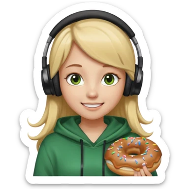 a girl with long brown hair blonde ends green and wearing black headphones she is wearing a cream coulor baggy hoddie she is happyish holding a donut sticker