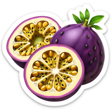 whole round purple passion fruit with slightly wrinkled matte skin next to a halved piece exposing vibrant yellow pulp filled with glossy black seeds juicy jelly-like texture bold contrast between rind and interior no leaf spoon or extras soft lighting subtle shadows emoji scale sticker