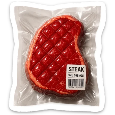 diamond-textured meat steak, shiny and inflated, vacuum-sealed style sticker