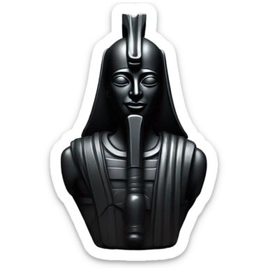 Osiris crook and flail obsidian statue on granite 30 ton brick, massive size, sunlight behind, sunset colors, reflections on black stone polished clean perfect, photography angles sticker