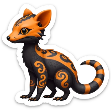 Rare warm-colored exotic gloomy tropical edgy cute epic aesthetic spooky  gothic colorful Salandit-Noibat-Civet-species-Fakemon-hybrid-creature, with tribal tattoo markings, full body sticker