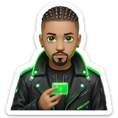 Light skinned African American male with green eyes as a cyberpunk hacker with cornrows hairstyle but short cornrows  with goatee facial hair  sticker